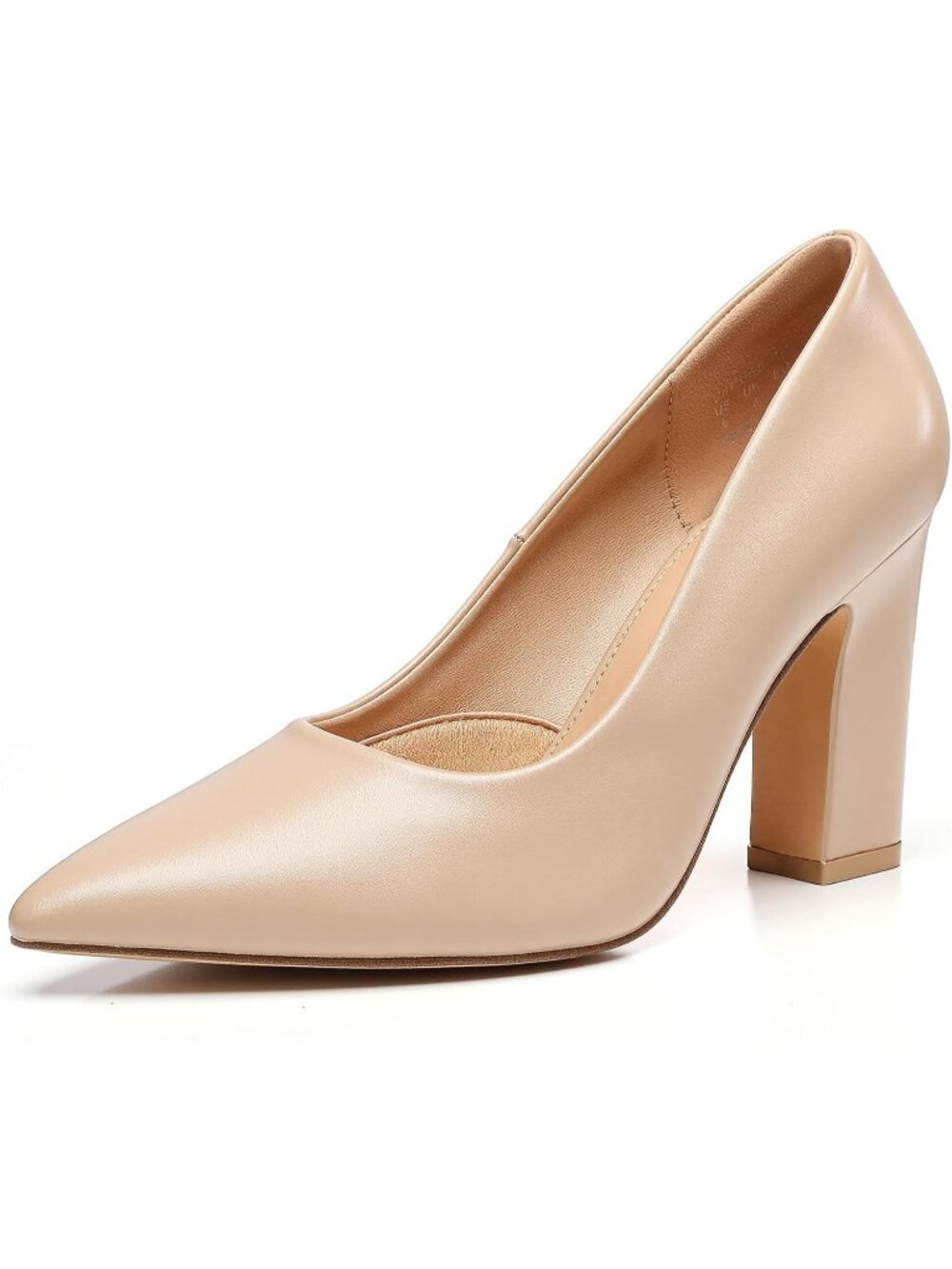Women's Nude Closed Pointed Toe Chunky Pumps Shoes Slip-On Block High Heels